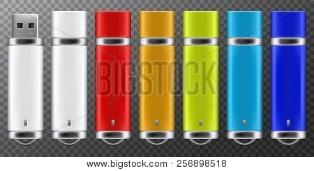 Usb Flash Drive. 3d Flash Disk Blank Mockup Set For Design. Vector Illustration