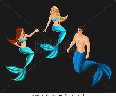 Isometry Of A Mermaid In Blue On A Dark Background, Girls And Men Are Mermaids, Serenas. Vector Char
