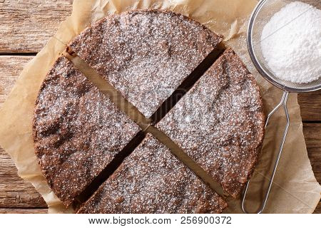 Kladdkaka (swedish Sticky Chocolate Cake) Close-up. Horizontal Top View From Above