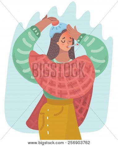 Sick Woman Covered With Blanket Holding A Thermometer In Her Mouth. Ill Female With Hot-water Bottle