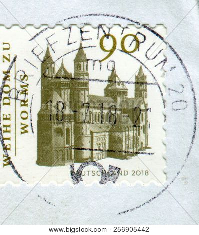 GOMEL, BELARUS, 15 AUGUST 2018, Stamp printed in Germany shows image of The St Peter's Dom is a church in Worms, southern Germany, circa 2018.