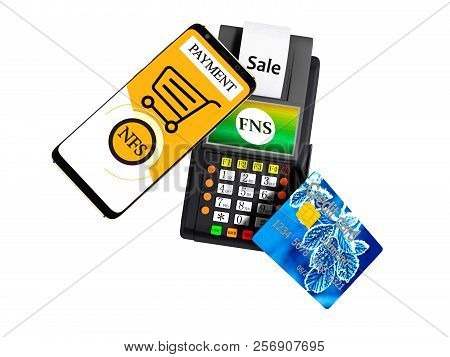 Nfs Payment Via Phone To Payment Card Pos Terminal With Credit Card Top View 3d Render On White Back
