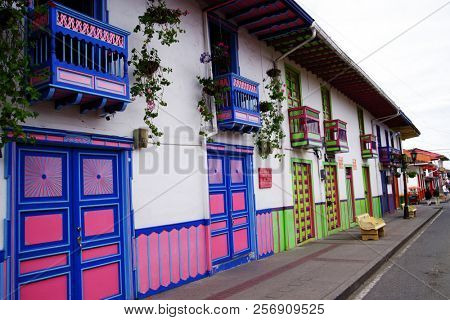 SALENTO, COLOMBIA, AUGUST 17, 2018: Street scene in Salento, Colombia, South America
