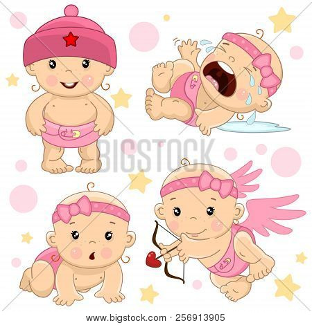 A Set Of Illustrations Of Icons Of Baby Of Children Of Girls Standing In A Hat, Crying And In Hyster