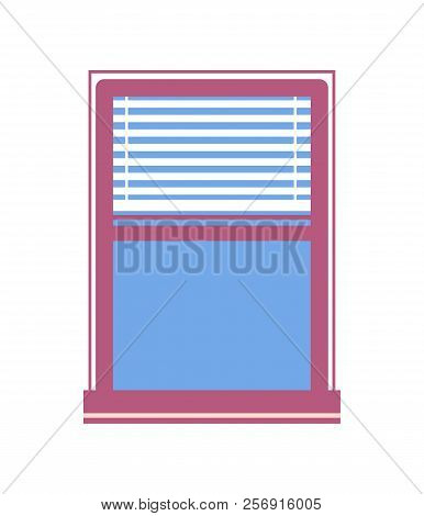 Window With Half-closed Jalousie Flat Vector Illustration Of House Part, Blue Glass In Wooden Window