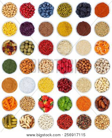 Fruits And Vegetables Berries Spices Herbs From Above Portrait Format Isolated On White
