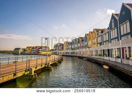Skyline Of Houten With Famous Rainbow Houses Facing Rietplas Lake In Netherlands