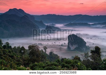 Sunrise At Phulangka Mountain With Myst In Phu Langka National Park, Payao Province, Thailand
