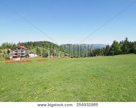 Nice Housing Estate And Countryside Landscapes At Beskid Mountains Range In European Salmopol Pass A