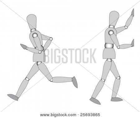  Wooden mannequins ( ready to move ), run and push, isolated on white