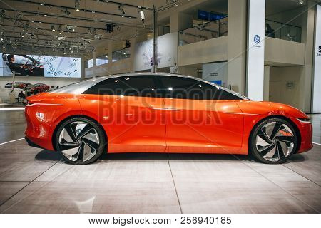 Berlin, August 29, 2018: The New Volkswagen I.d Vizzion Concept Sedan Electric Car Presented At The 