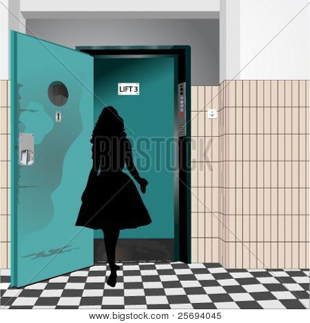 Silhouette in front of old lift