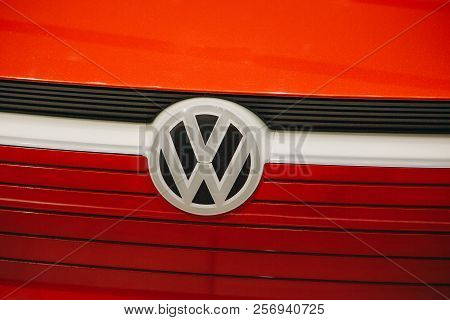 Berlin, August 29, 2018: A Close-up Of The Sign On The New Volkswagen I.d Vizzion Concept Sedan Elec