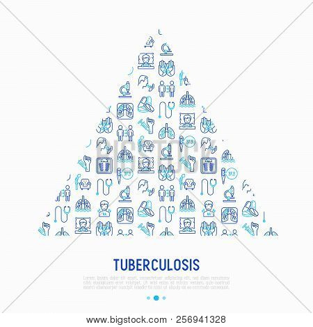 Tuberculosis Concept In Triangle With Thin Line Icons: Infection In Lungs, X-ray Image, Dry Cough, P