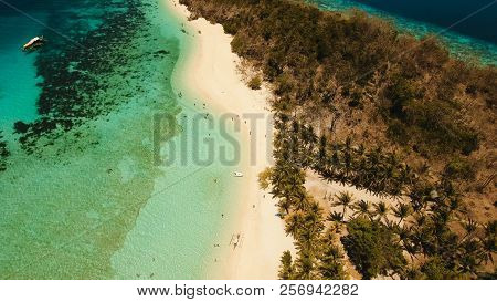 Aerial View Of Tropical Beach On The Island Malcapuya, Palawan, Philippines. Beautiful Tropical Isla