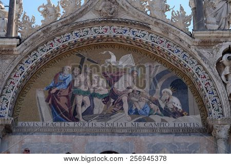 VENICE, ITALY - MAY 28 : Descent into Limbo, mosaic from upper facade of the Basilica San Marco, St. Mark's Square, Venice, Italy, UNESCO World Heritage Site on May 28, 2017.
