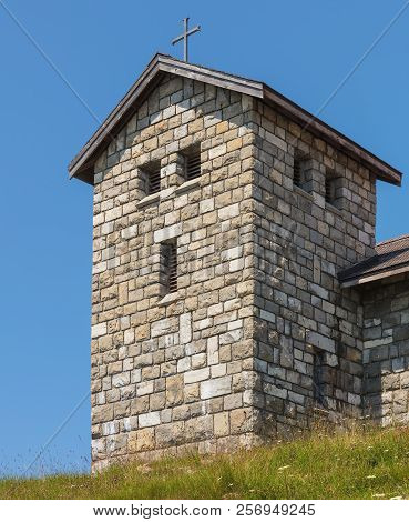 Partial View Of A Chapel On The Summit Of Mt. Rigi In Switzerland In Summer. The Rigi Is A Popular T