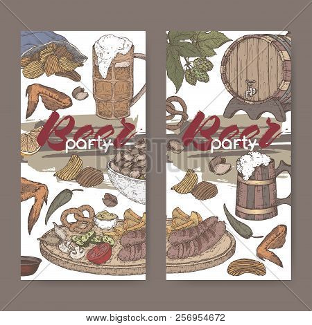 Two Color Beer Party Labels With Beer Keg, Mug, Chips, Nuts, Chicken Wings, Hop Branch And Snack Pla