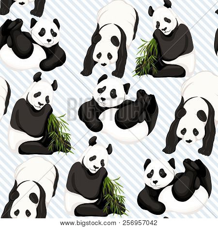 Seamless Pattern, Background. With Pandas And Bamboo.