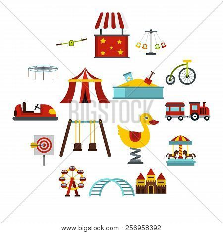 Amusement Park Icons Set In Flat Style. Attraction Park Set Collection Illustration