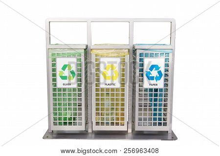 Containers For Garbage Of Different Types Isolated On White. Sorting Garbage. Ecology And Recycle Co
