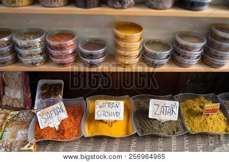 Close Up Of Safran And Zatar Spices Display In The Market Of Jerusalem