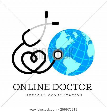 Sign In The Form Of A Stethoscope In The Shape Of The Heart And Globe. Can Be Used As A Logo For Onl