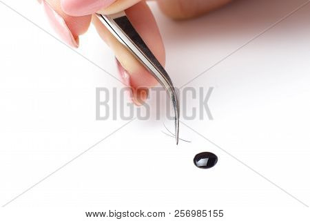 Closeup Eyelash Extension Tweezers Tools On White Background. Artificial Lashes 2d, Classic.