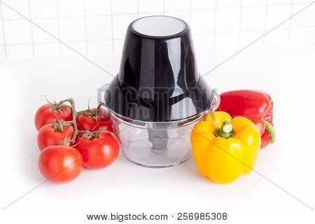 Vegetables With Mixer White Background, Blender Tomatoes And Peppers, Preparation Vegetable Salad, G