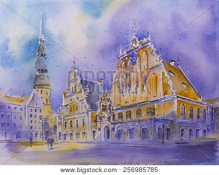 Watercolor Painting House Of The Blackheads In The Old Town Of Riga Latvia Melngalvju Nams, Schwarzh