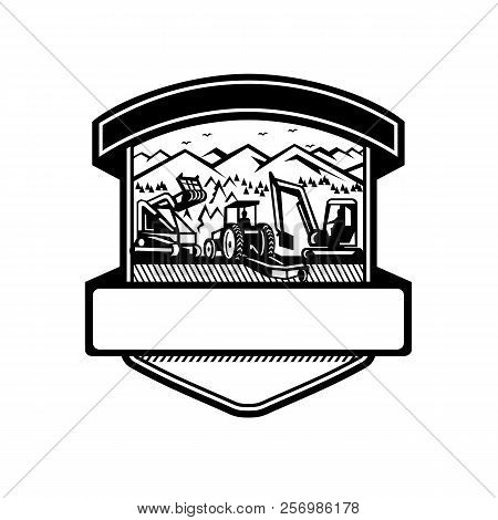 Badge Icon Retro Style Illustration Of Heavy Equipment Used In Tree Mulching, Bush Hogging And Excav