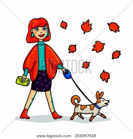 Young Stylish Woman Walking With Dog. Cartoon Style Girl Walk With Small Dog In Autmn. Vetor Illustr