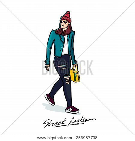 Street Fashion. Stylish Young Woman. Sketch Style Illustration On White Background. Vector Illustrat