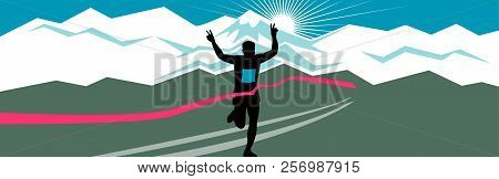 Retro Style Illustration Of A Silhouette Of Marathon Runner Flashing Victory Hand Sign With Snow Cap