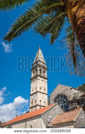 Saint Nikola Church Tower In Perast, Kotor Harbor, Montenegro