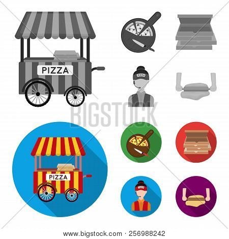 Mobile Trailer, Cutting Board For Pizza, Boxes, Salesman. Pizza And Pizzeria Set Collection Icons In