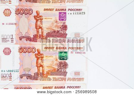 Five Thousandth Banknotes. Russian Rubles Back, Back Grounda And Copy Space