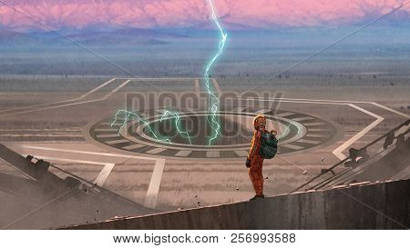 Red Astronaut Looking At A Great Hole With Lightning Bolts On The Planet, Digital Art Style, Illustr