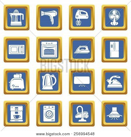 House Appliance Icons Set Blue Square Isolated On White Background