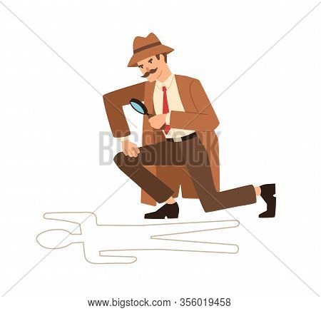 Private Detective Look Through Magnifying Glass At Crime Scene Vector Flat Illustration. Professiona