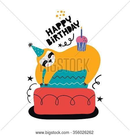 Cute Kawaii Sloth Sleeps On A Birthday Cake. Cartoon Baby Bear At A Party. Birthday Of A Funny Sloth