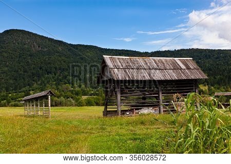 View Of Typical Structural Wood Called Hayracks Used For Fodder Dryer , Studor. Slovenia