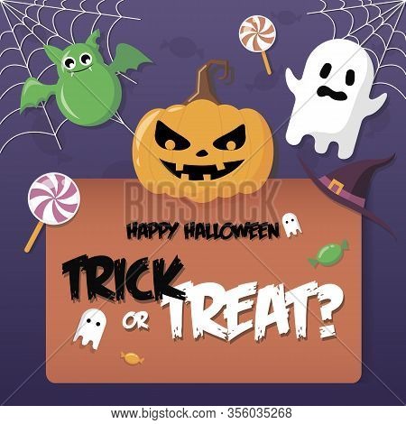 Happy Halloween Banner With A Pumpkin, A Bat, Sweets, Candies, Ghosts