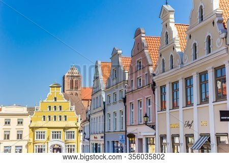 Wismar, Germany - April 19, 2019: Colorful Historic Facades At The Market Square Of Wismar, Germany
