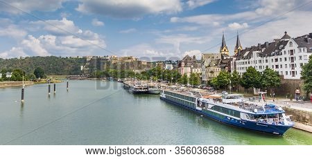 Koblenz, Germany - August 03, 2019: Panorama Of Cruise Ships In Front Of The Skyline Of Koblenz, Ger