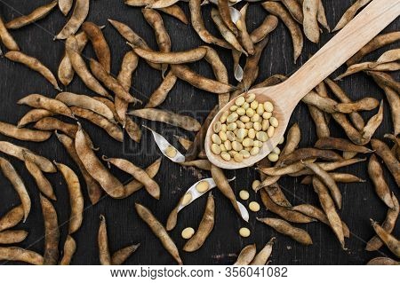 Ripe Soy Pods In Basket On Wooden Dark Background