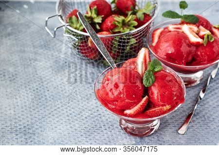 Natural Strawberry Ice Cream, Sorbet And Fresh Strawberries.