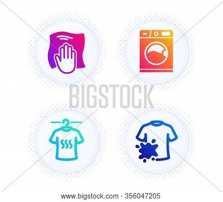 Dry T-shirt, Washing Cloth And Washing Machine Icons Simple Set. Button With Halftone Dots. Dirty T-