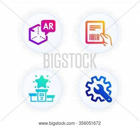 Parcel Invoice, Winner Podium And Augmented Reality Icons Simple Set. Button With Halftone Dots. Cus