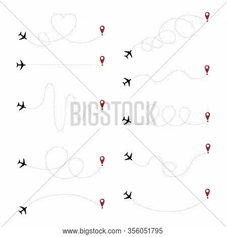 Airplane Dotted Path, Aircraft Tracking, Trace Or Road Vector Illustration.
Aircrafts And Pins Vecto
